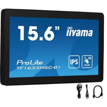 Monitor IPS LED Iiyama ProLite 15.6inch TF1633MSC-B1, Full HD (1920 x 1080), HDMI, DisplayPort, Boxe, Touchscreen (Negru)