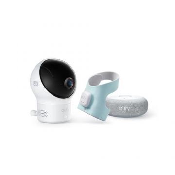 Set monitorizare bebe eufy Smart Sock Baby Monitor S340, Camera 2K, 2.4 GHz Wi-Fi, Pan & Tilt, urmarire ritm cardiac si niveluri de oxigen din sange, detectie AI Cry, Alb