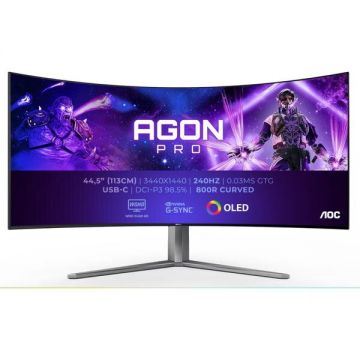 AOC Monitor Gaming OLED AOC 44.5 AG456UCZD, WQHD (3440 x 1440), Ecran curbat, HDMI, DisplayPort, Boxe, 240 Hz, 0.03 ms, Gri