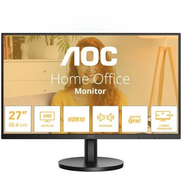 AOC Monitor AOC, 27, IPS, 4K, UHD, 60Hz, 4ms, HDR10, FlickerFree, Boxe 2W x 2, HDMI, DisplayPort, U27B3A, Negru