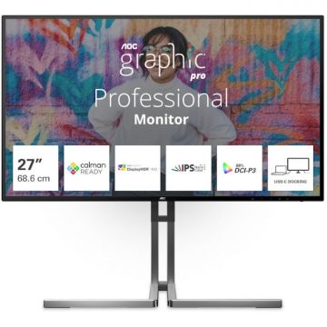 AOC Monitor AOC LED Nano IPS 27, 4K UHD, 60Hz, 4ms GtG, HDMI 2.0, DP 1.4, USB Type-C, DCI-P3 98%, FlickerFree, Low Blue, Speakers, Pivot, USB hub, Negru, U27U3CV