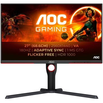 AOC Monitor Gaming AOC, 27, VA, MiniLED, QHD, 180Hz, 1ms, HDR1000, FlickerFree, HA, Pivot, HDMI, DisplayPort, Q27G3XMN/BK, Negru