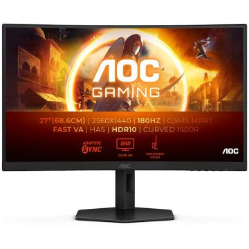 AOC Monitor Gaming AOC, Curbat, 27, VA, QHD, 180Hz, 1ms, 0.5ms, HDR10, FlickerFree, HA, HDMI, DisplayPort, CQ27G4X, Negru