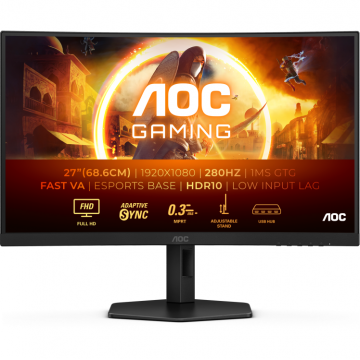 AOC Monitor Gaming Fast VA LED AOC 27 C27G4ZXU, Full HD (1920 x 1080), HDMI, DisplayPort, Ecran curbat, Boxe, 280 Hz, 0.3 ms, Negru