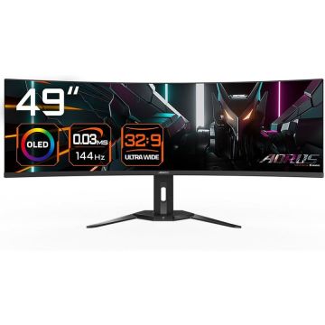 Gigabyte Monitor Gaming OLED Gigabyte 49 CO49DQ, DQHD (5120 x 1440), HDMI, DisplayPort, Ecran curbat, Boxe, 144 Hz, 0.03 ms, Negru