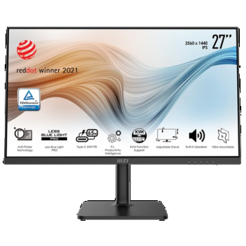 Monitor IPS LED MSI Modern 27inch MD272QP, QHD (2560 x 1440), HDMI, DisplayPort, Pivot, Boxe (Negru)